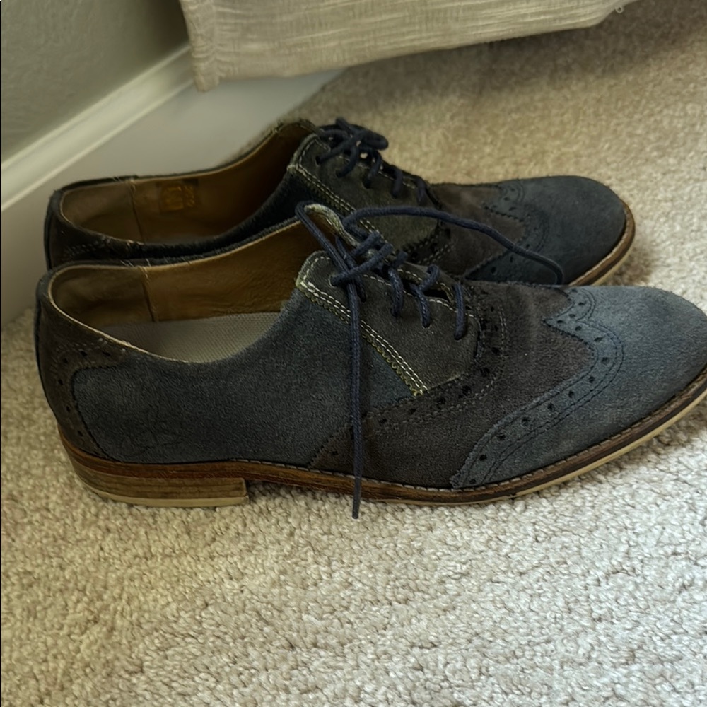 John Fluevog Blue Suede Leather Oxfords with Brogue Detailing